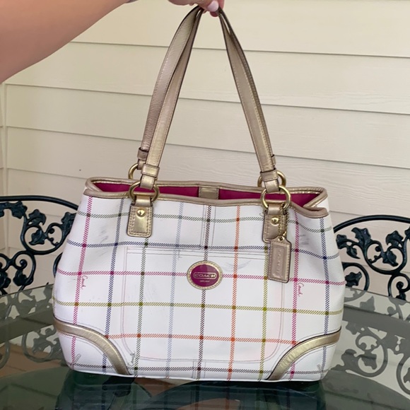 Coach Peyton Tattersall Plaid Cream Leather Tote - Picture 1 of 14